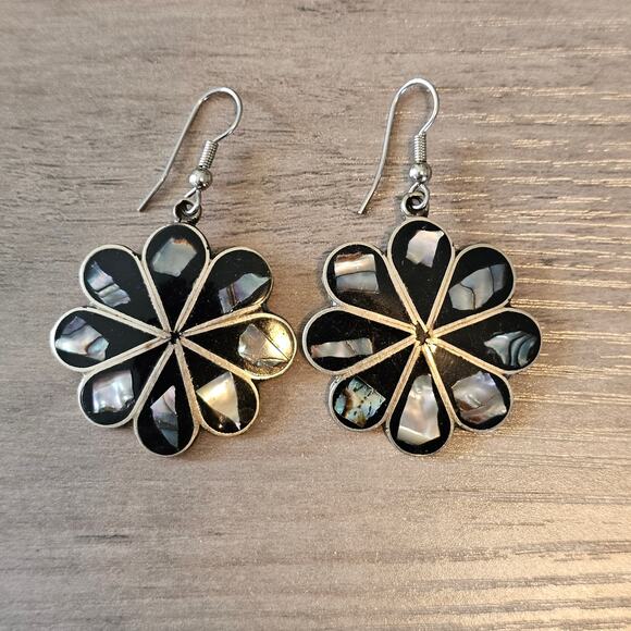 Vintage Alpaca Silver & Abalone Inlay Pinwheel Flower Earrings - Picture 1 of 6